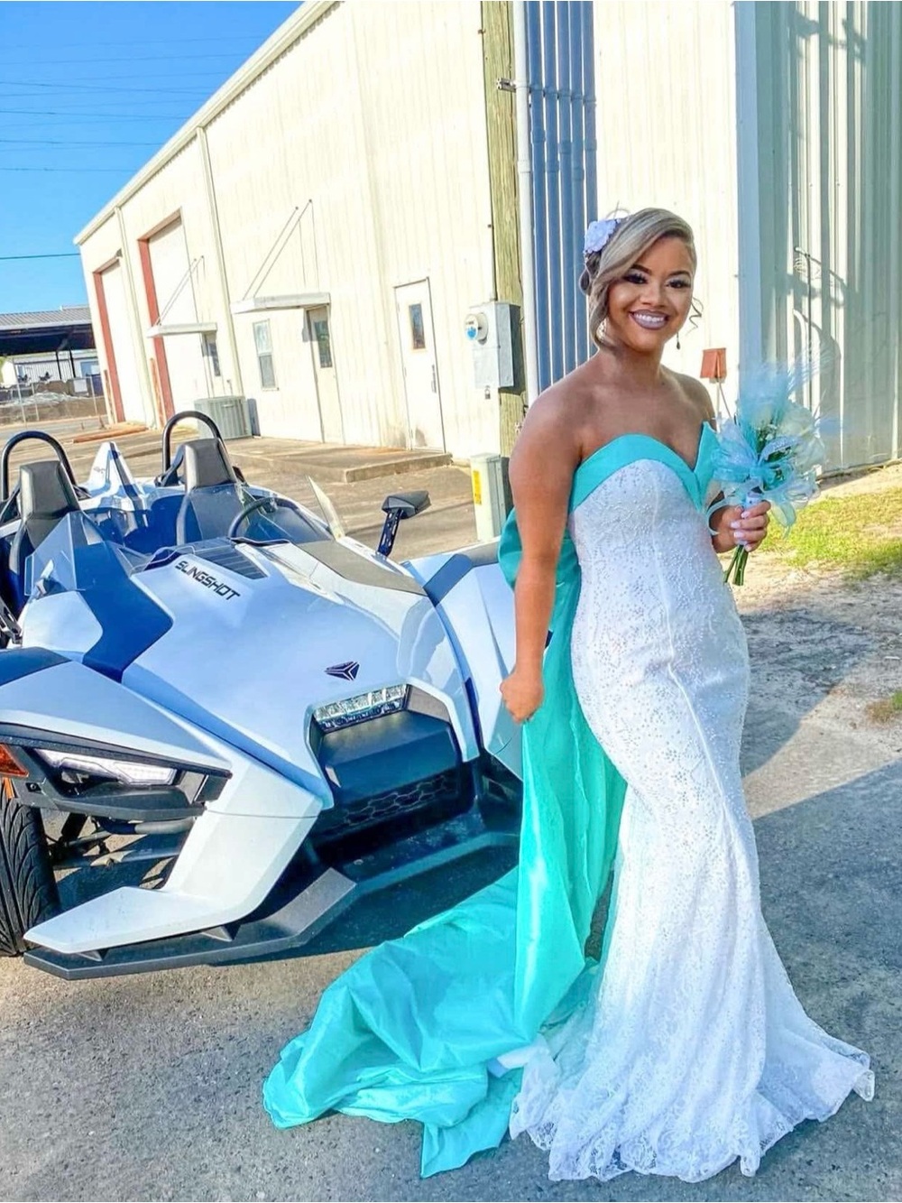 White Lace Strapless Gown with Aqua Train